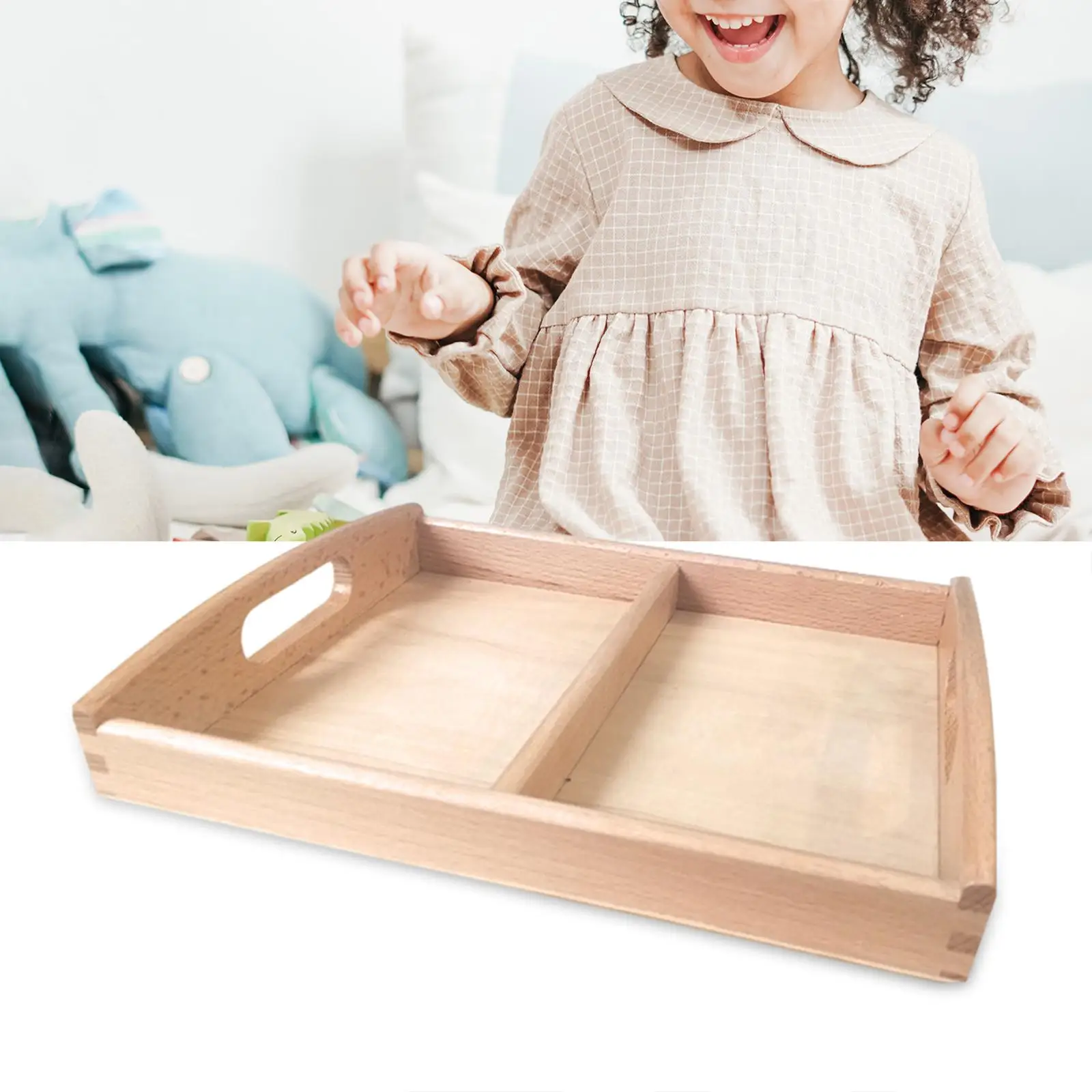 Montessori Wooden Sorting Tray Two Compartments Toys Holder for Card Display