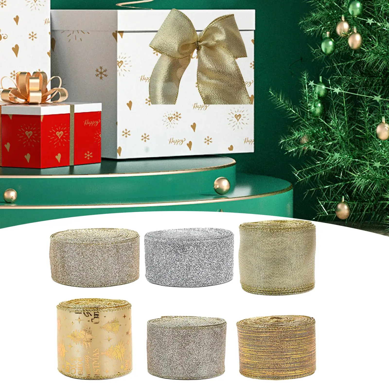 6x Christmas Ribbon Glitter Thick Decoration DIY Crafts Burlap Ribbon for Wedding Decorative Bows Bouquet Scrapbooking Holiday