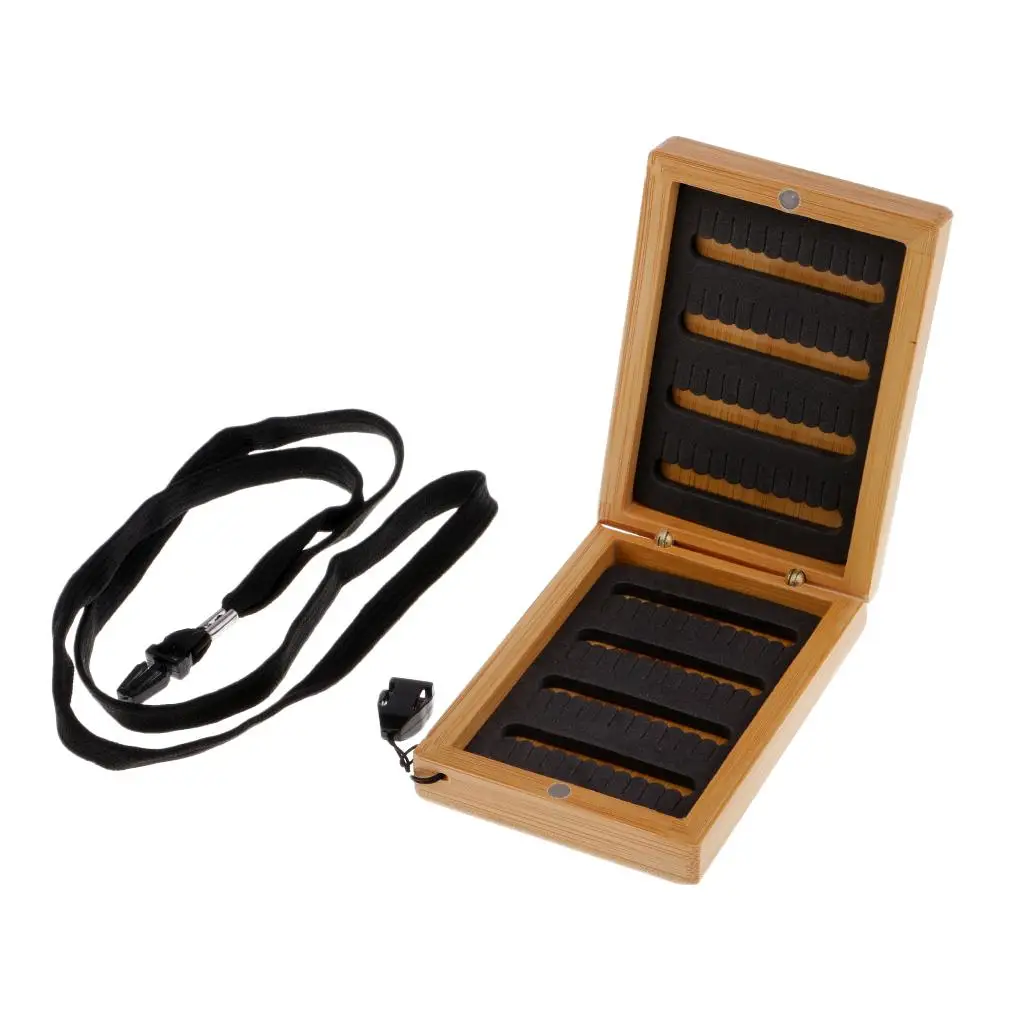 Portable Wooden Bamboo Fly Fishing Flies Box Waterproof Magnetic Slit Foam Fly Box with Lanyard - Holds 96 Flies