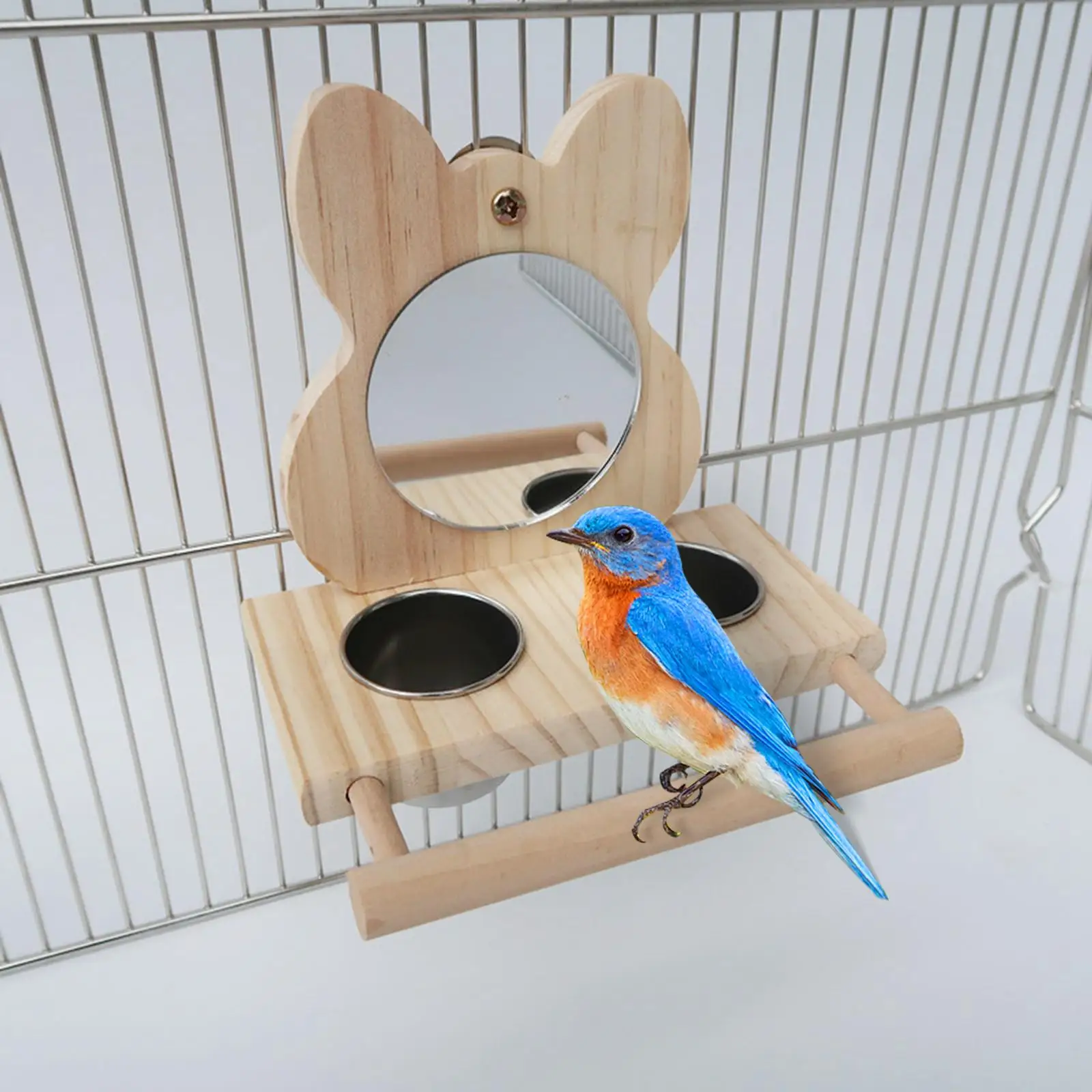Parrots Mirror Feeder Cups Cage Perches Wooden Perch Stand Wooden Stands Dish Accessories Food Bowl for Lovebird Hanging Toy
