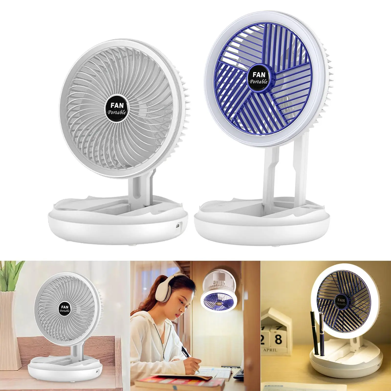 2 in 1 USB Desk Fan with Light Quiet Operation Adjustable Hurricane Car RV Rotatable Portable Mini Personal Table Cooling Fan