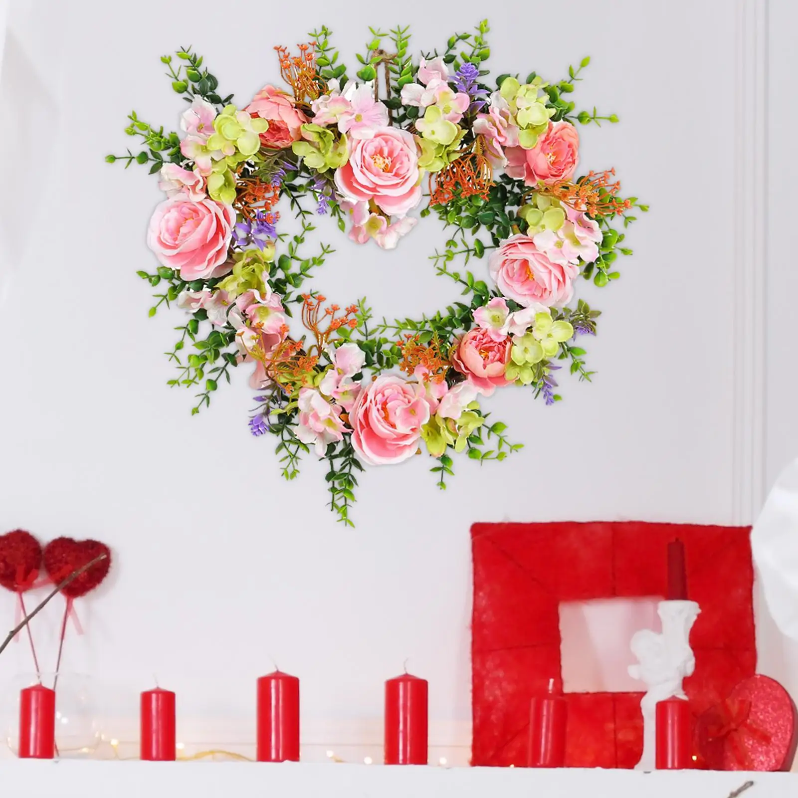 2024 Valentines Day Heart Shaped Artificial Rose Wreath Lightweight Durable Lifelike Front Door Wreath for Outdoor Indoor