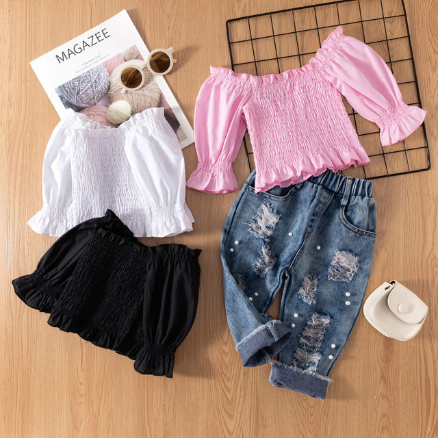 Toddler Kids Girls Half Sleeve Off Shoulder T-Shirt Tops Ripped Denim Hole  Jeans Long Pants Outfits (Pink, 2-3 Years)