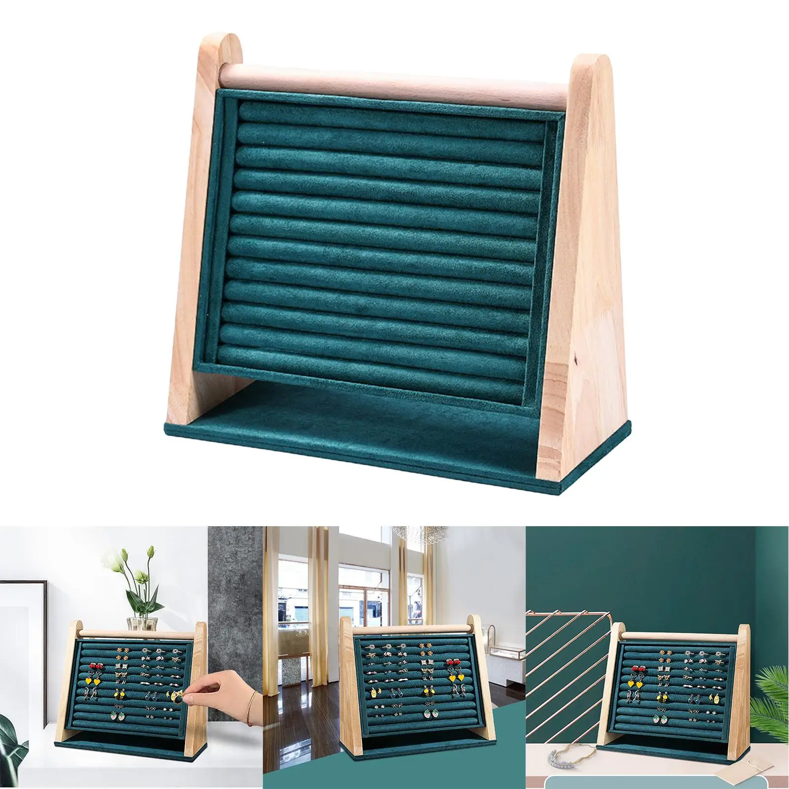 Wooden Vertical Jewelry Display Holder Rings Organizer Tray Flannel Lining 10 Lines Fashion Home Decoration Rings Pad Green Gift