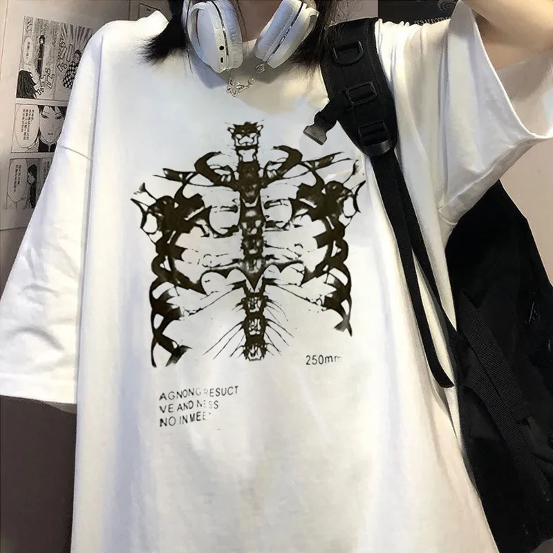 Y2k Harajuku Skeleton Print T-shirts for Oversized Hip Hop Streetwear Women T Shirt Summer Black Goth Clothes Short Sleeve Tees