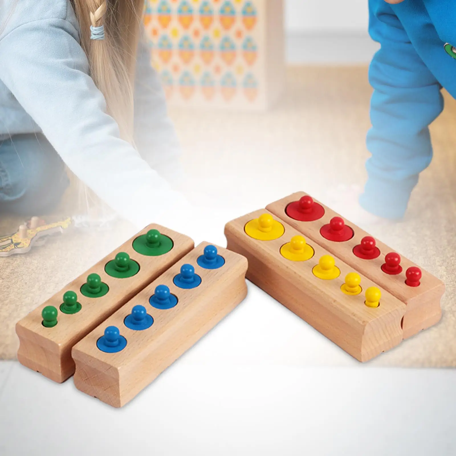 4 Pieces Knobbed Cylinders Blocks Socket Board Game Montessori Toy Cylinder Ladder Blocks for Home Preschool Toys Childern Kids