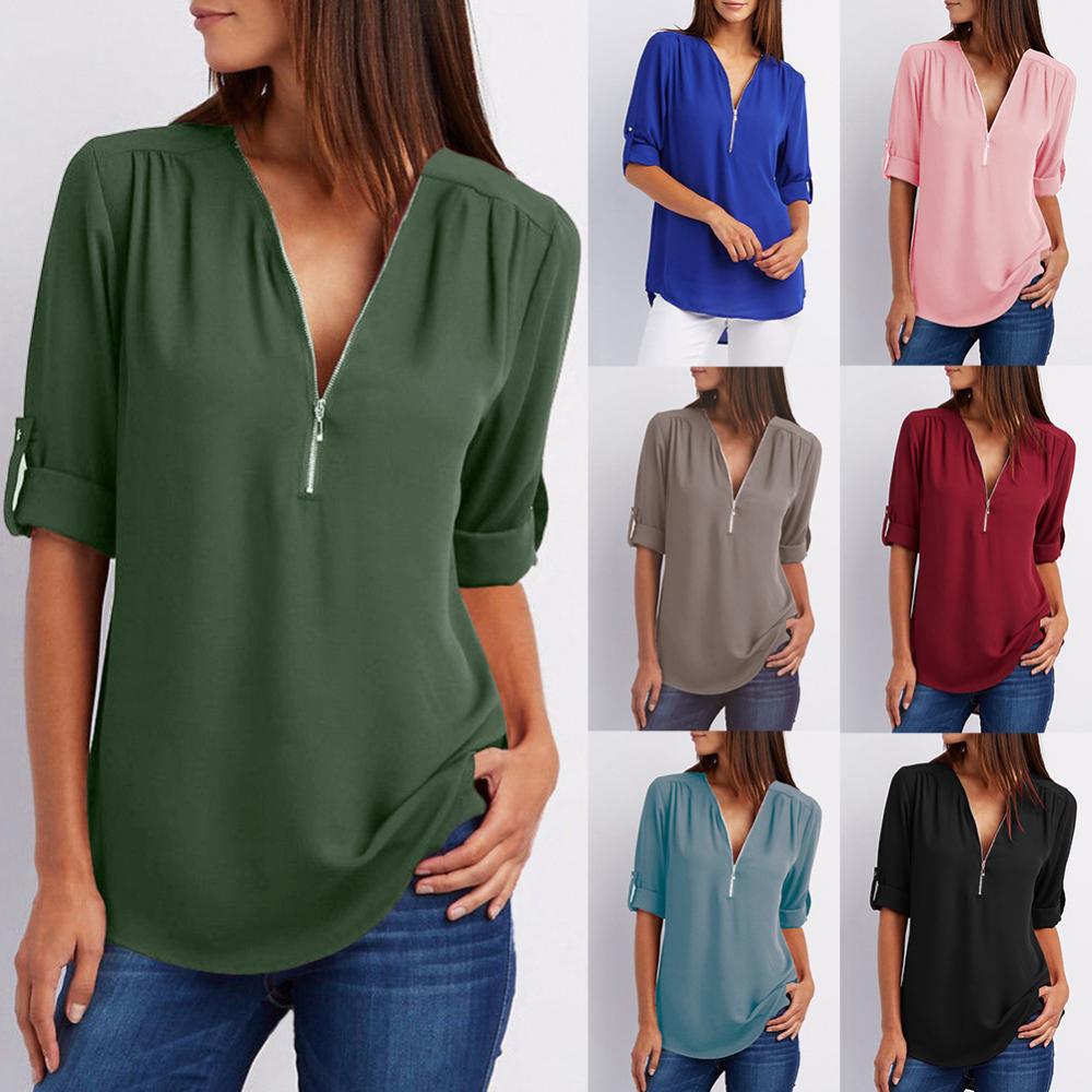 Title 1, Casual Office Lady Blouses Sexy Solid Color Zip...