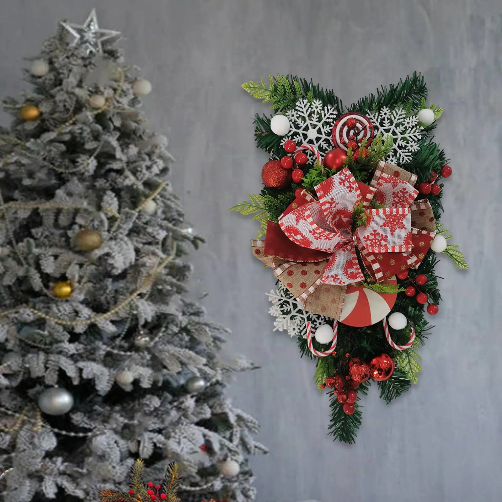 Winter Christmas Teardrop Wreath Wall Hanging Christmas Door Wreath with Bow for