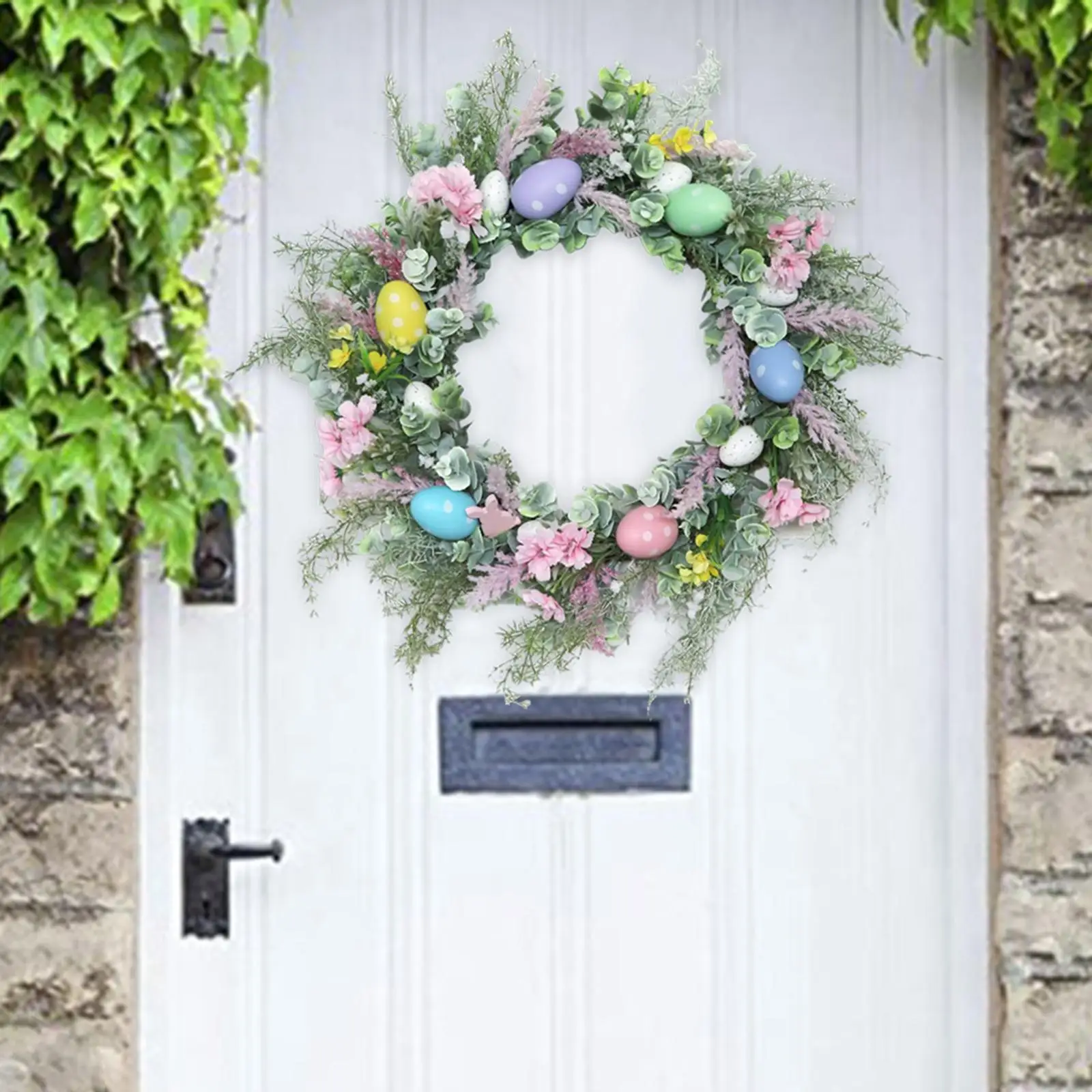 Round Easter Egg Flower Wreath Front Door with Colorful Eggs Decorative Hanging