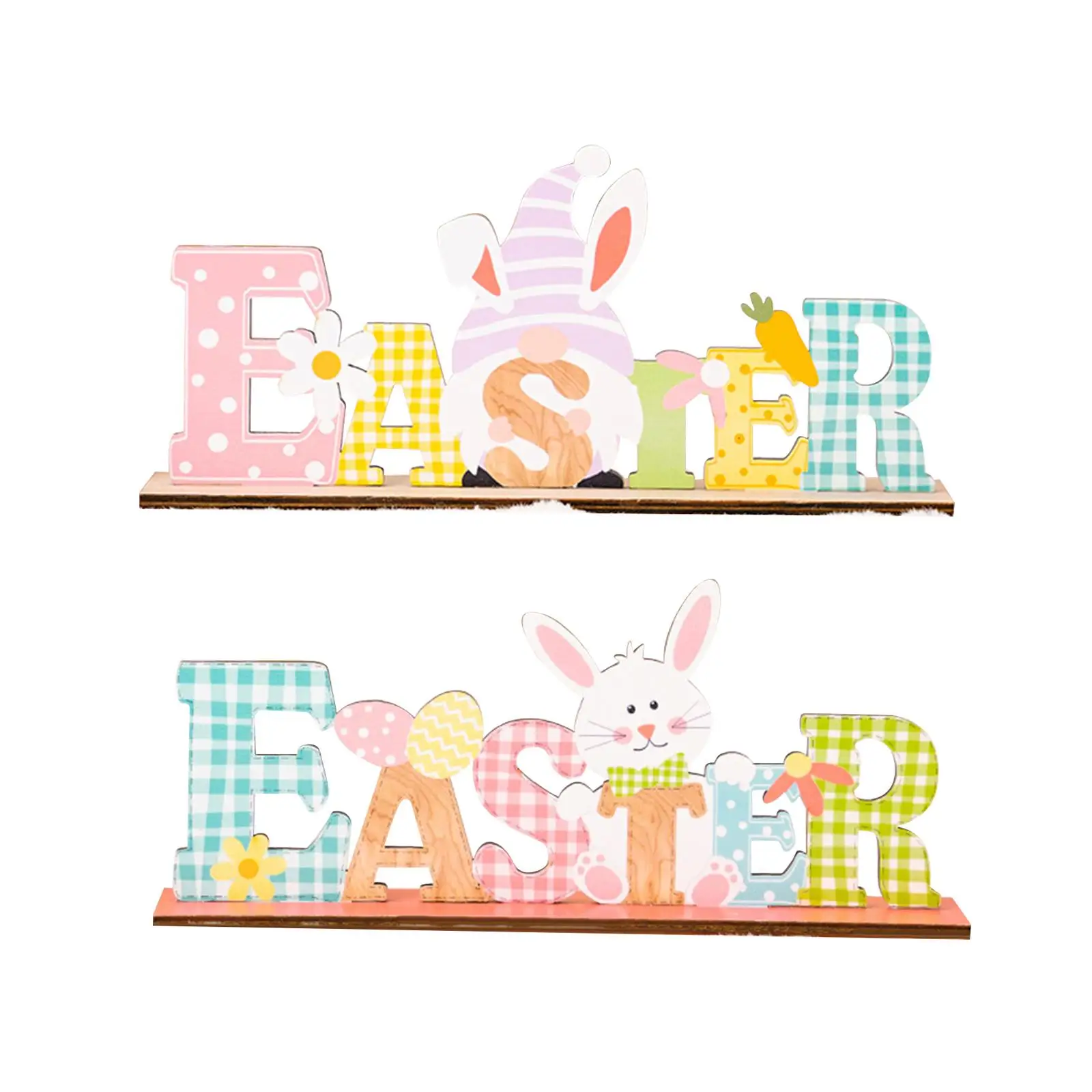 2x Wood Happy Easter Decorations Tabletop Signs Gnome Bunny Egg Spring Decor Table Centerpiece Gift for Office Home Garden Lawn