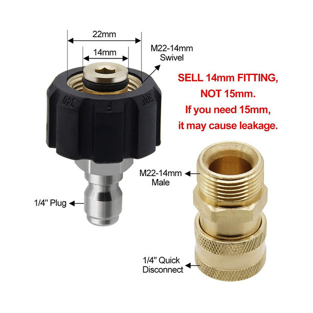 Raccord Rapide M22 14mm Vers 1/4" (6.35mm) Pour Nettoyeur Haute Pression - Laiton, 5000 PSI - Lot Avec 4 Pièces