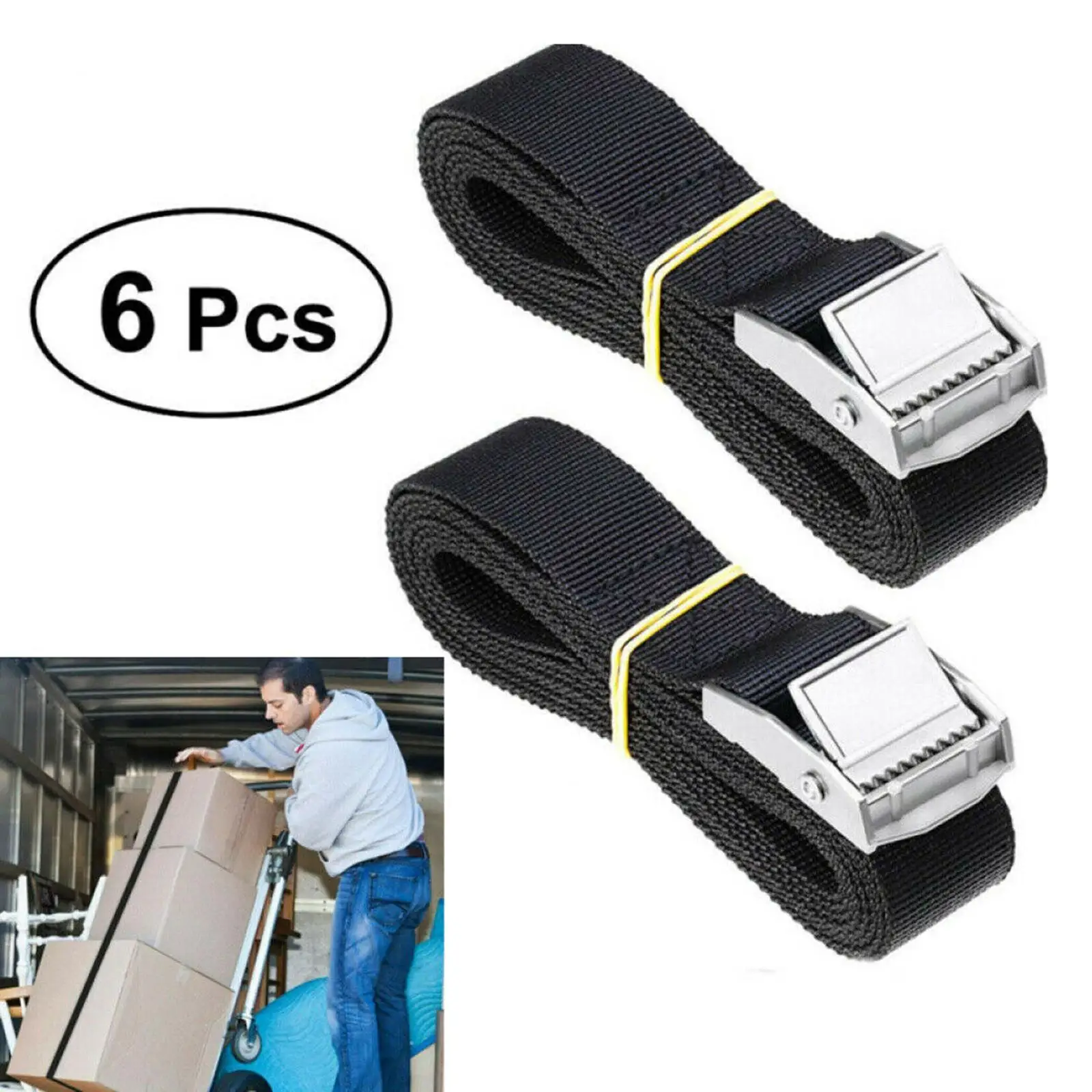 6x Black Lashing Straps with Buckle Lock Buckle Up to 330lbs for