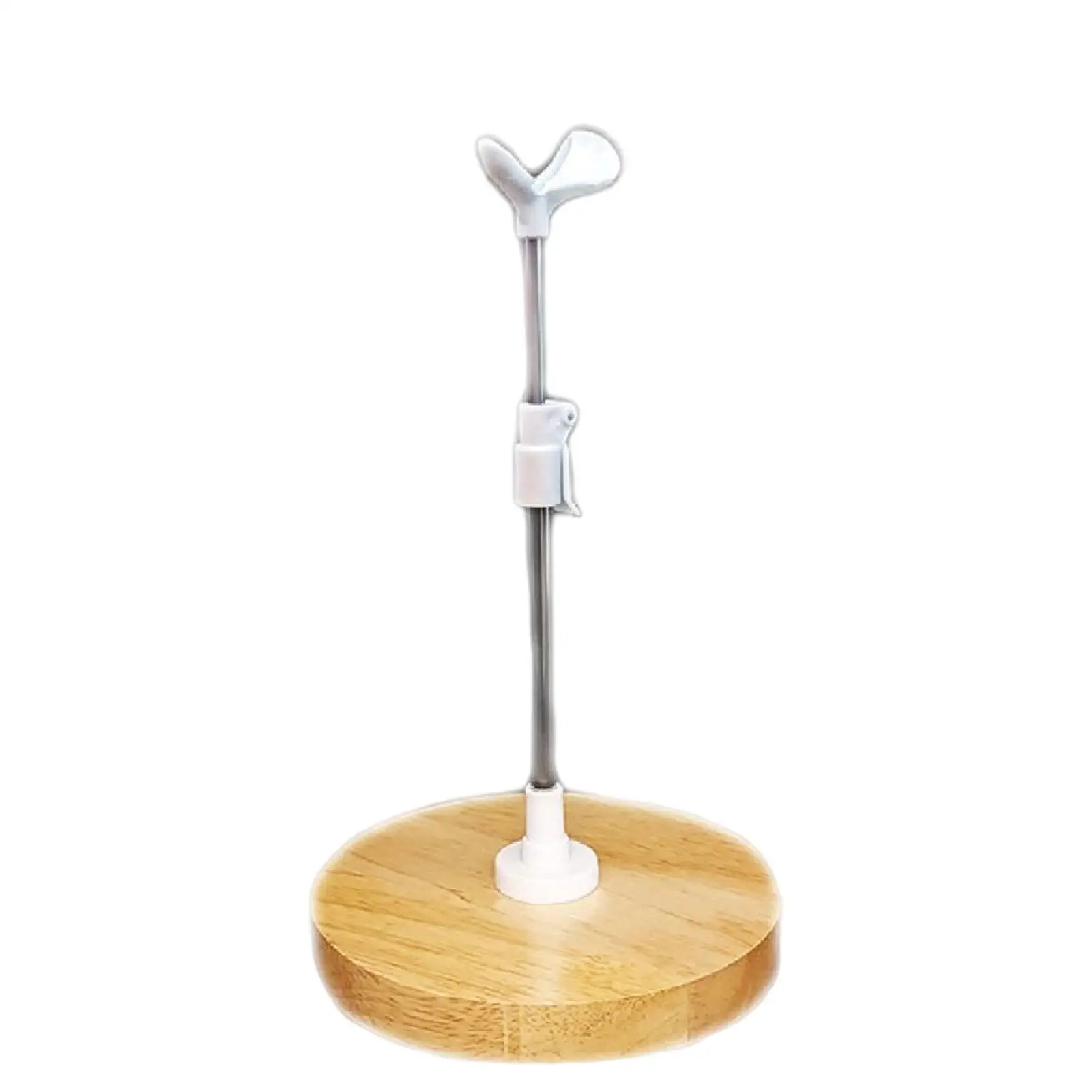 Doll Stand, Adjustable Round Wooden Base, Stainless Steel Support, Stable Base, Clip Body Holder