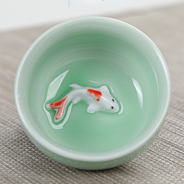 Yixing - Set 6 Tazze Da Tè Pesci Koi In Ceramica Celadon - Foto 2