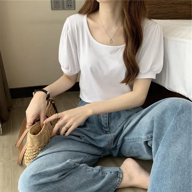 Goranbon Women's Puff Short Sleeve Sweater Tops 2023 Spring Summer Trendy Crew/Square/V Neck Casual T Shirts Blouses