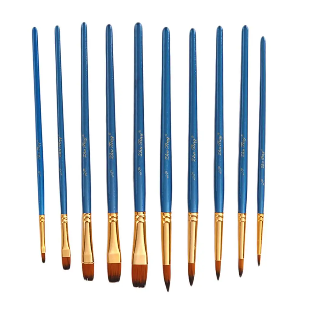 10 Pieces Wooden Handle Nylon  Brushes for All Purpose Oil  Acrylic Painting Artist Professional Kits
