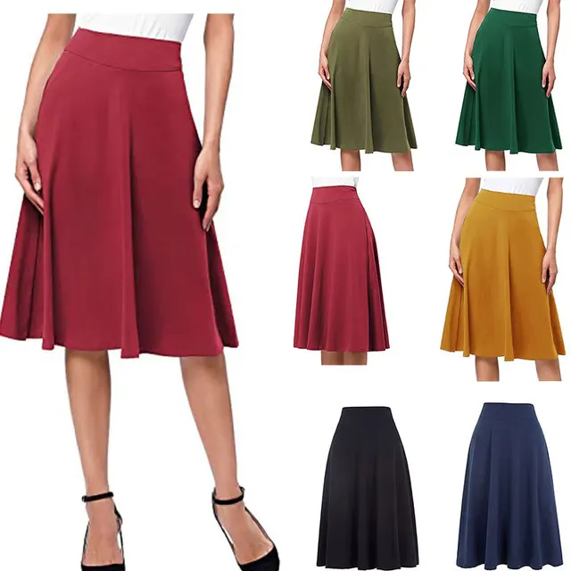 HOUZHOU Evangelical Women's Skirts Midi Summer 2023 Elegant Solid Elastic  High Waist A-line Knee-length Flare Skirt Saia Godê