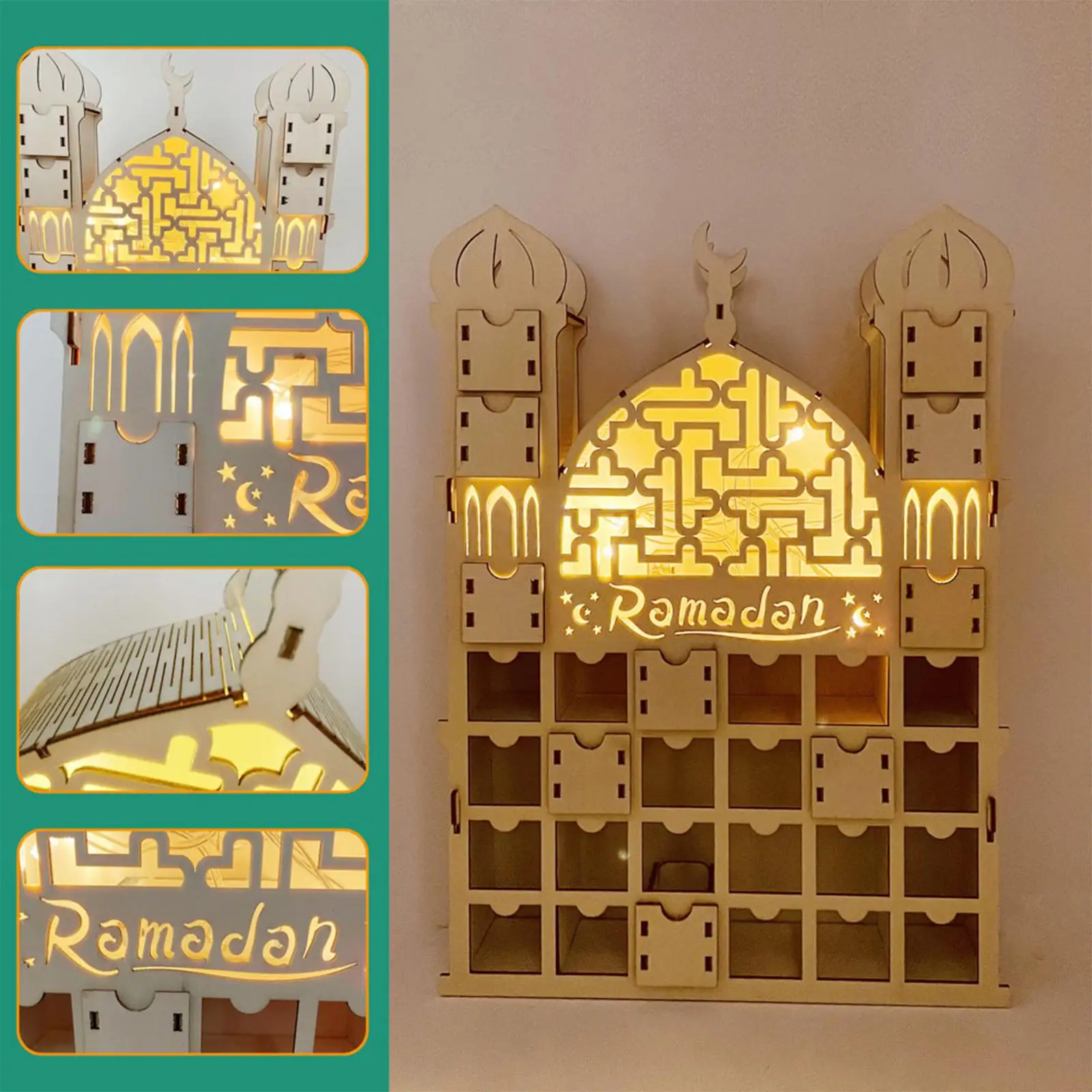 Ramadan Advent Calendar 30 Days Table Decor with LED Light Wooden Ornaments