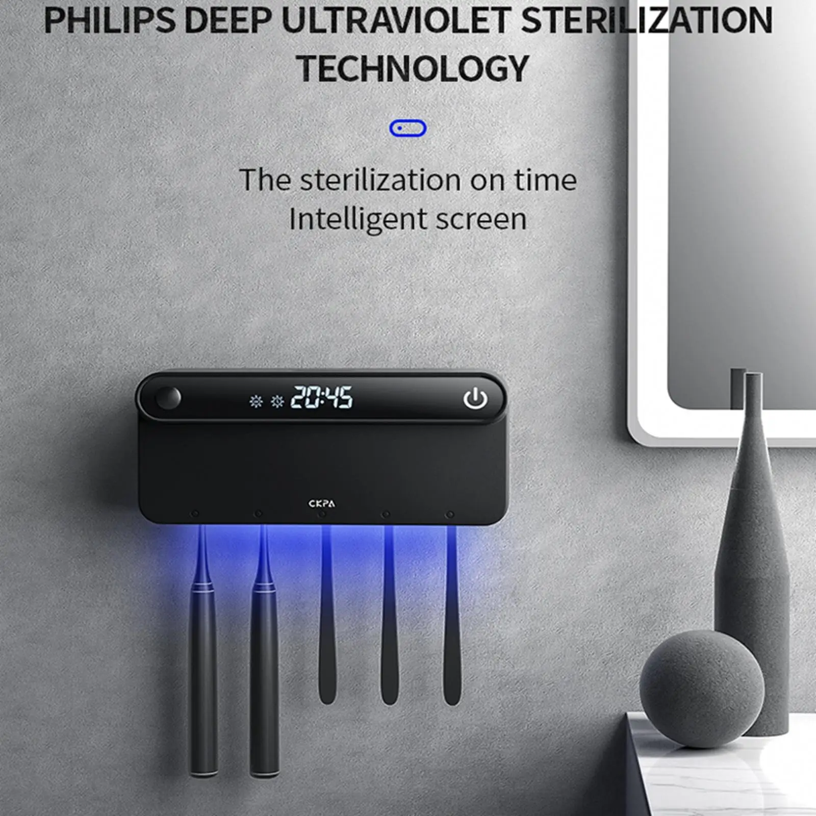 Toothbrush Holder Punch Free Sterilization LED Display Wall Mounted Rechargeable 4000mAh for Bathroom Family