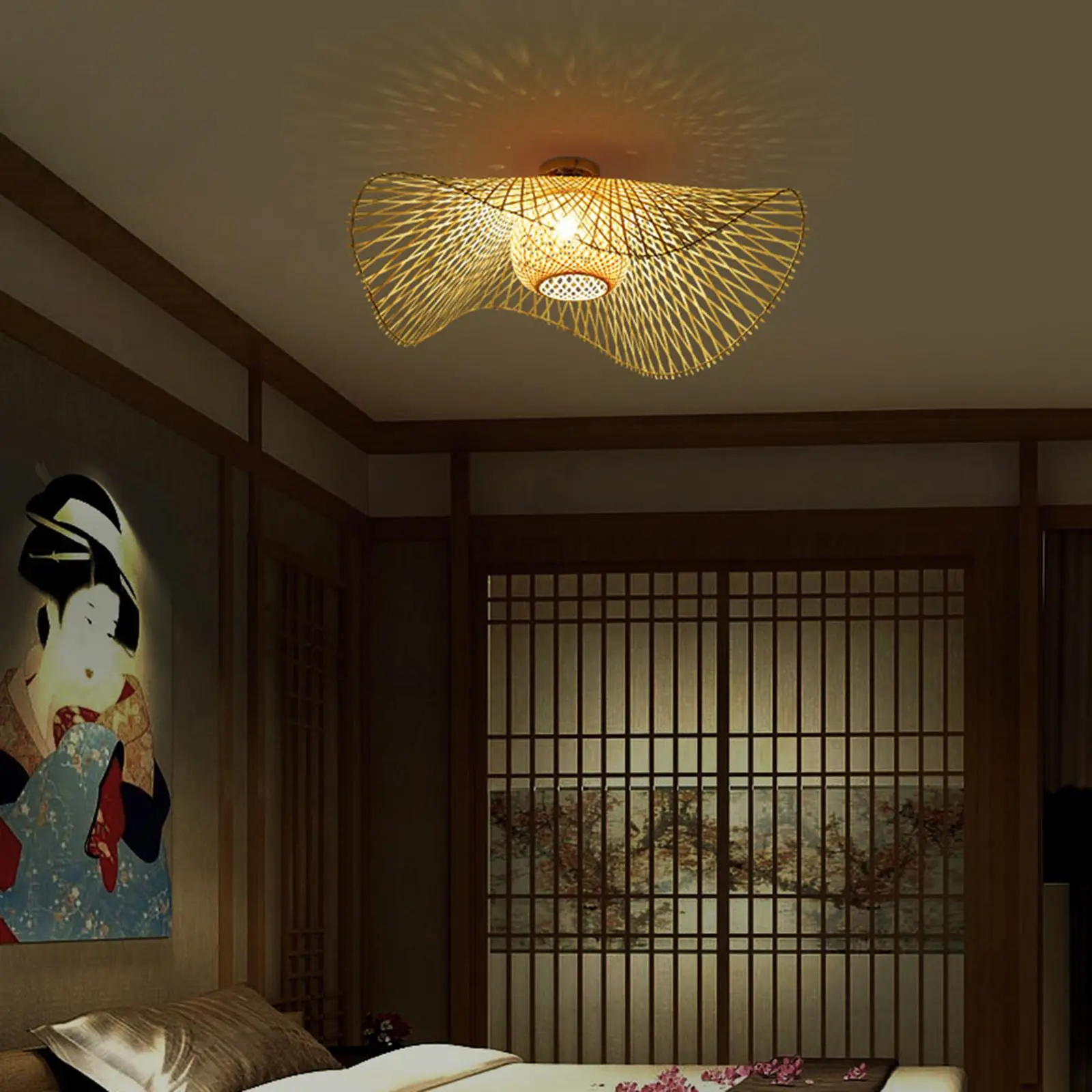 Bamboo Woven Ceiling Light 14 inch Flush Mount -Bulb (Not Included Hand-Woven)