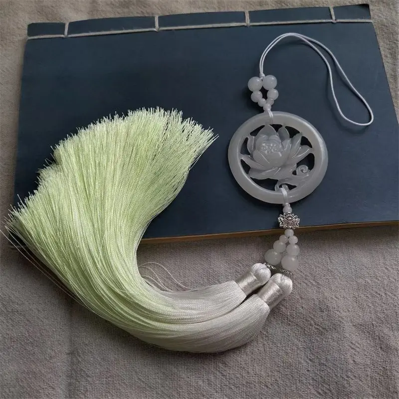 Handmade White Jade Lotus Pendant with Tassels