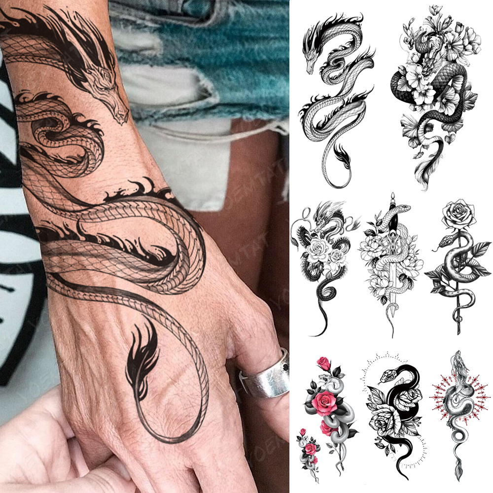 Best of Waterproof Temporary Tattoo Sticker Black Dragon Snake Totem Peony Rose Flower Flash Tatto Women Men Arm Body Art Fake Tattoos Reviews & Tips