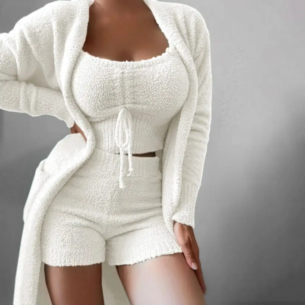 shorts and top set Ladies Short Sets Top Shorts Coat Solid Color Plush Waist Tight Three-piece Temperament Elastic Thick Sleepwear Set for Sleeping pj sets