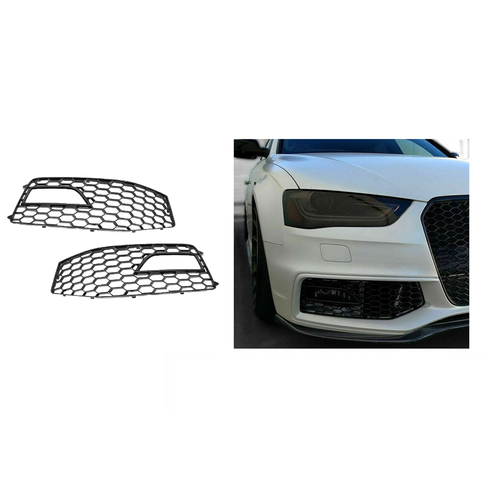 2 Pcs Fog Light Grilles Fog Lamp Frame For RS4 Style S-Line 13-16 Front Bumper Gloss Black