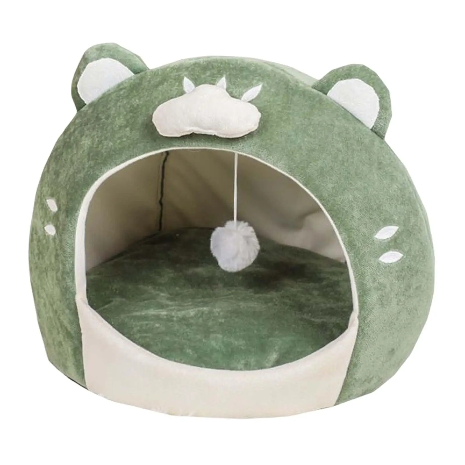 Cat Cave Bed Green Pet Cat House Hut with Plush Ball Removable Cushion Inner Cushion Machine Wash Anti Slip Base Cute Appearance