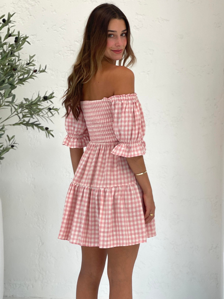 para mulheres, manga puff, linha A, rosa, roupa fofa, casual de verão