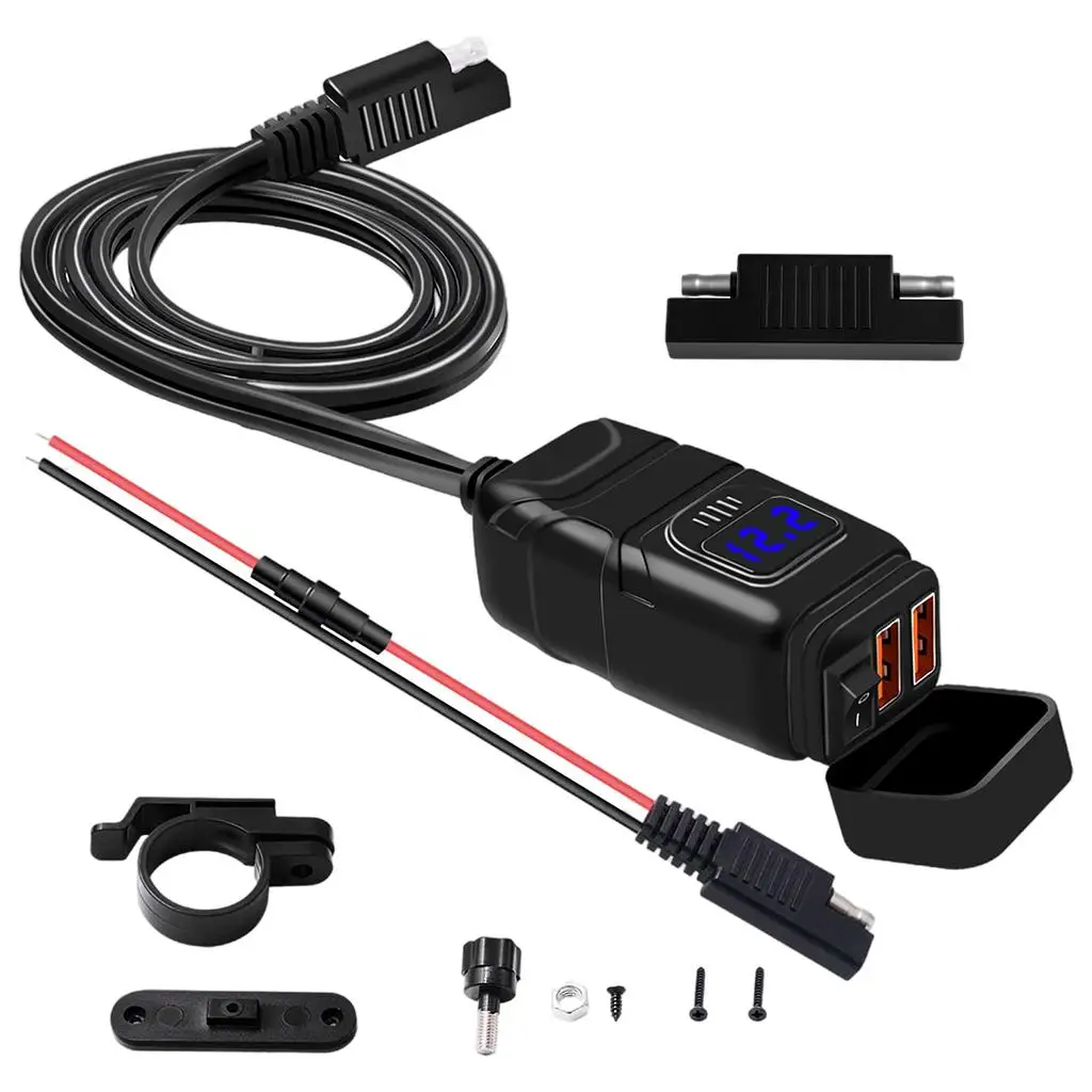 12V Motorcycle Handlebar Dual USB Charger Powder Adapter QC 3.0 With Voltmeter On/Off Switch