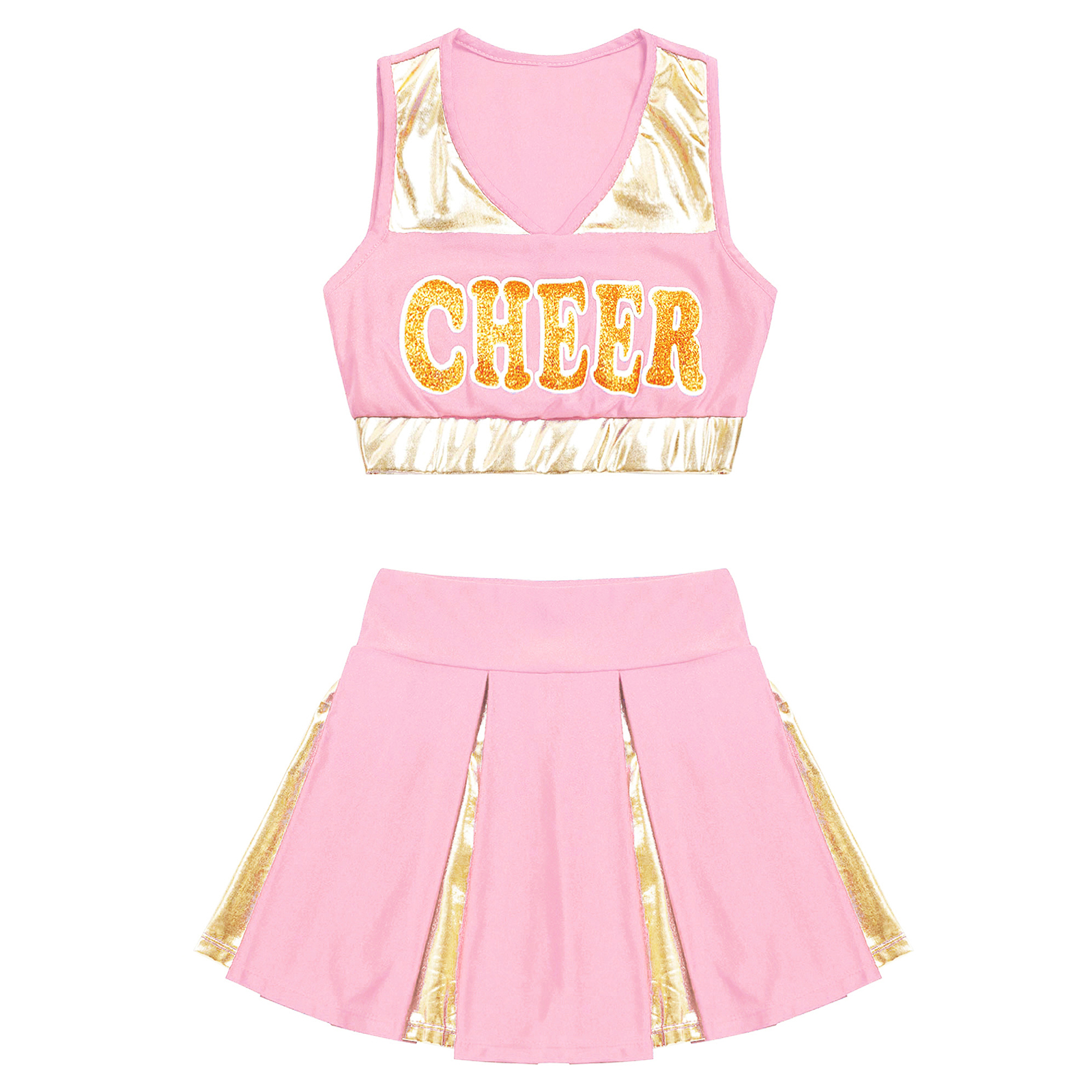 Description Picture 5 of itemKids Girls Cheerleading Costume CHEER Dance Clothes Set Letter Print Top with Skirt Children Cheerleading Uniforms Dancewear
