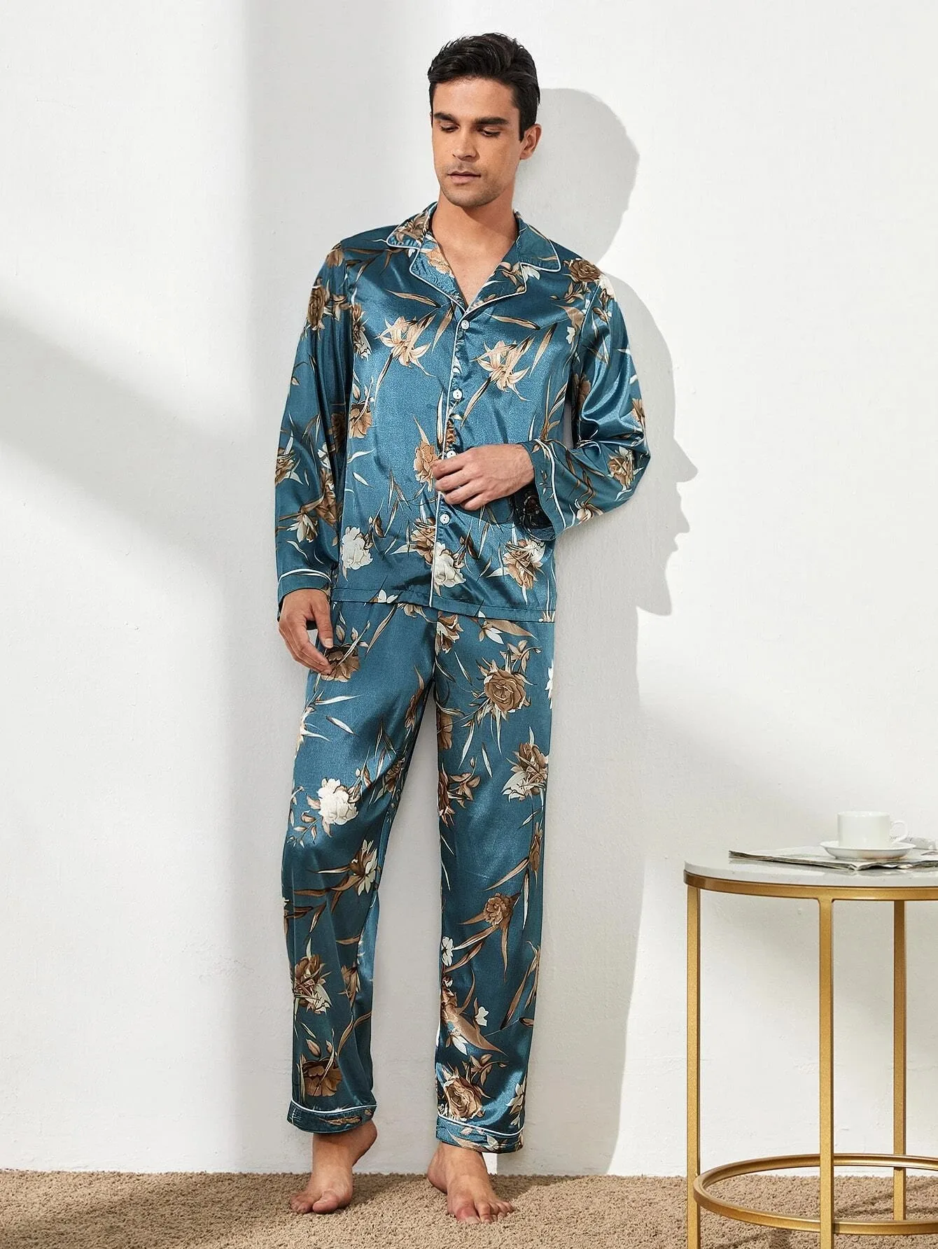 Men's Pajama Silk Pajamas for Man Sleep Tops Male Nightwear Sleepwear Caual Male Pajamas 2 Pieces Long Set Home Suit for Men mens cotton pajama shorts