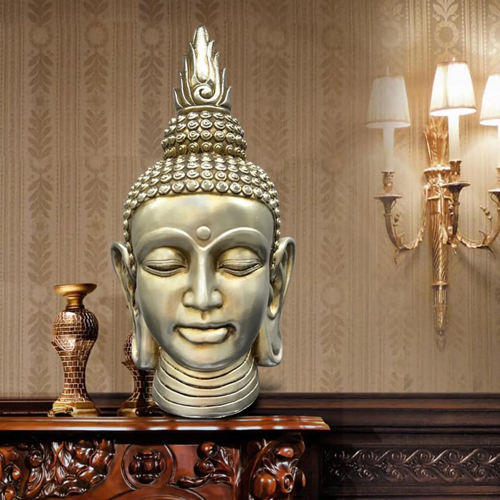 Buddha Statue Resin Buddha Head Figurine 12.2 Inches Tall for Yoga Room
