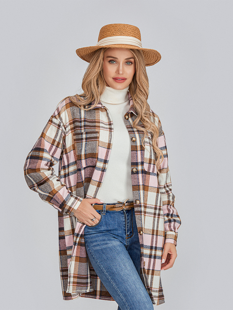 Women Long Sleeve Lapel Button Down Casual Plaid Shacket Jacket