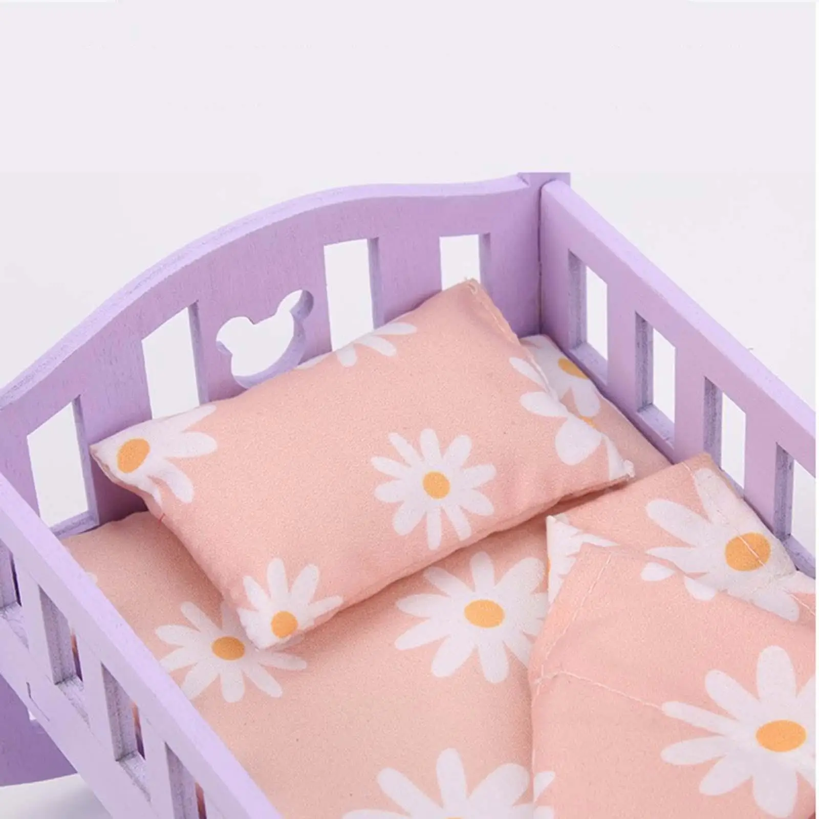 Fashion Doll Bed with Quilt, Pillow and Mattress Bedroom for 1:12 Doll Decor