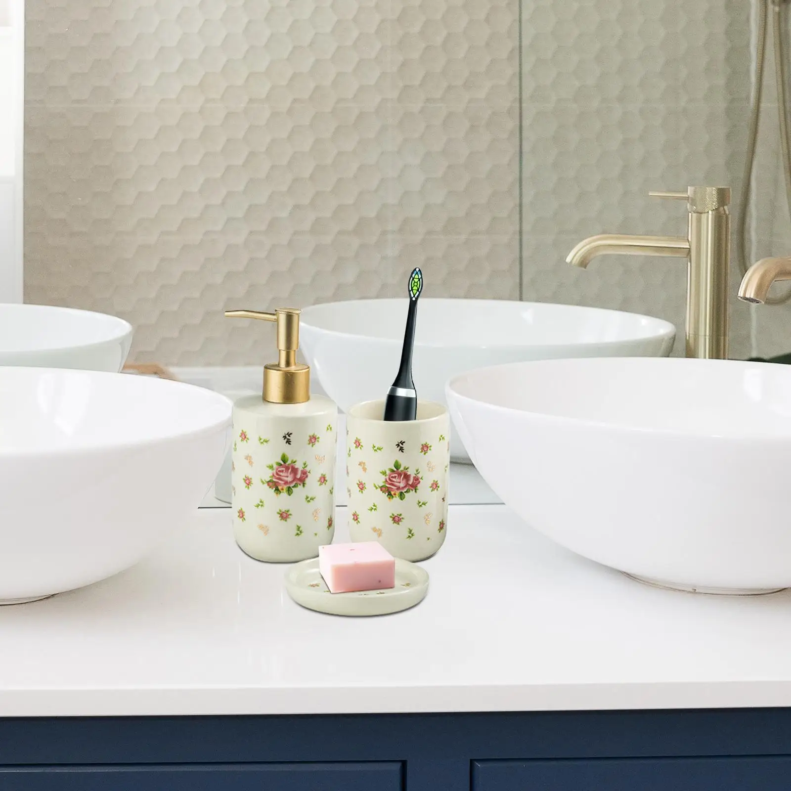 Ceramic Bathroom Accessory Set, Roses Pattern Lotion Dispenser, Bathroom Tumbler, Exquisite Craftsmanship Soap Dish Decorations