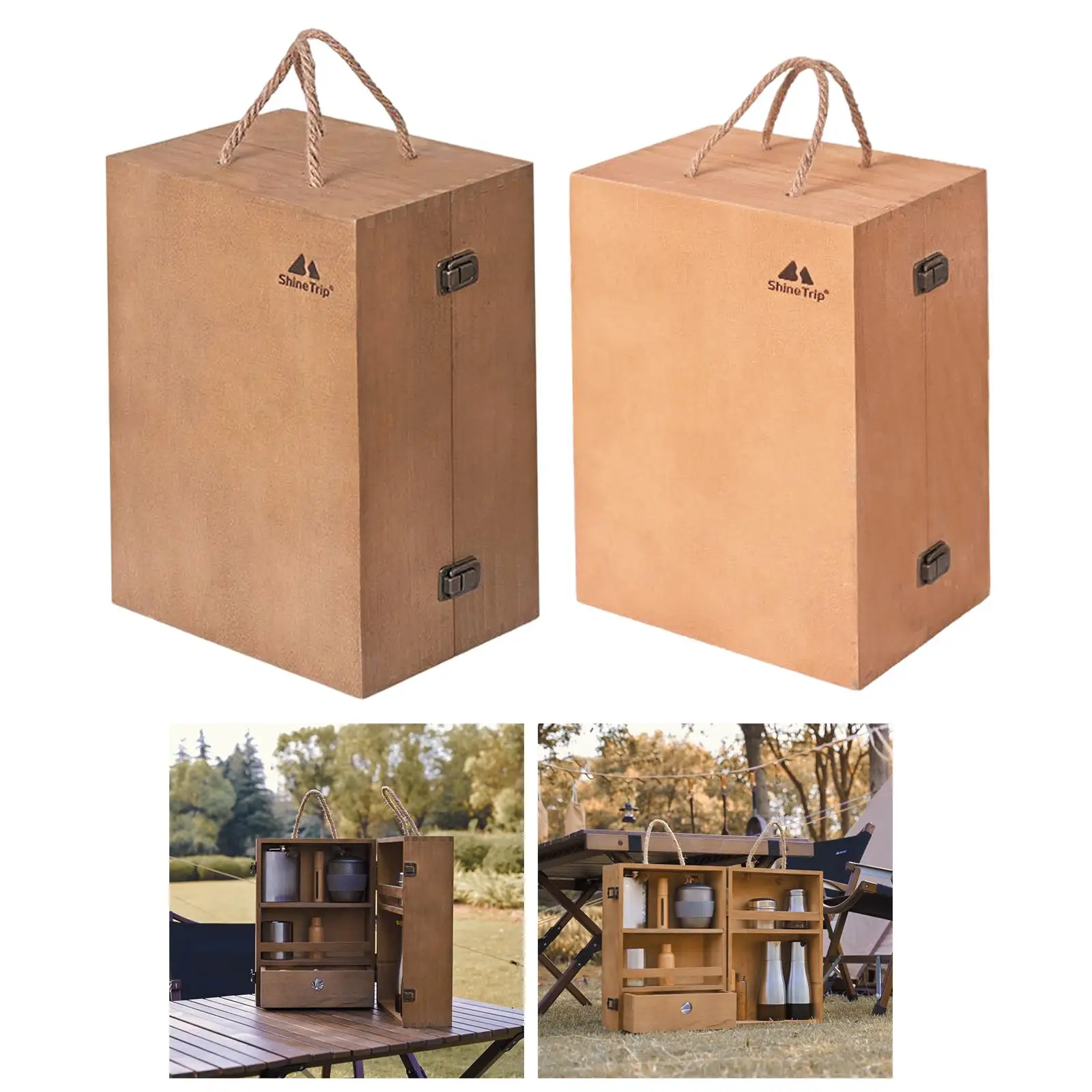 Outdoor Wood Camping Condiment Storage Box BBQ Travel Oil Bottle Spices Container Seasoning Tin Organizer Case
