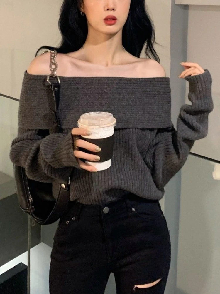 Off Shoulder Knitted Sweater Women Long Sleeve Elegant Pullovers ...