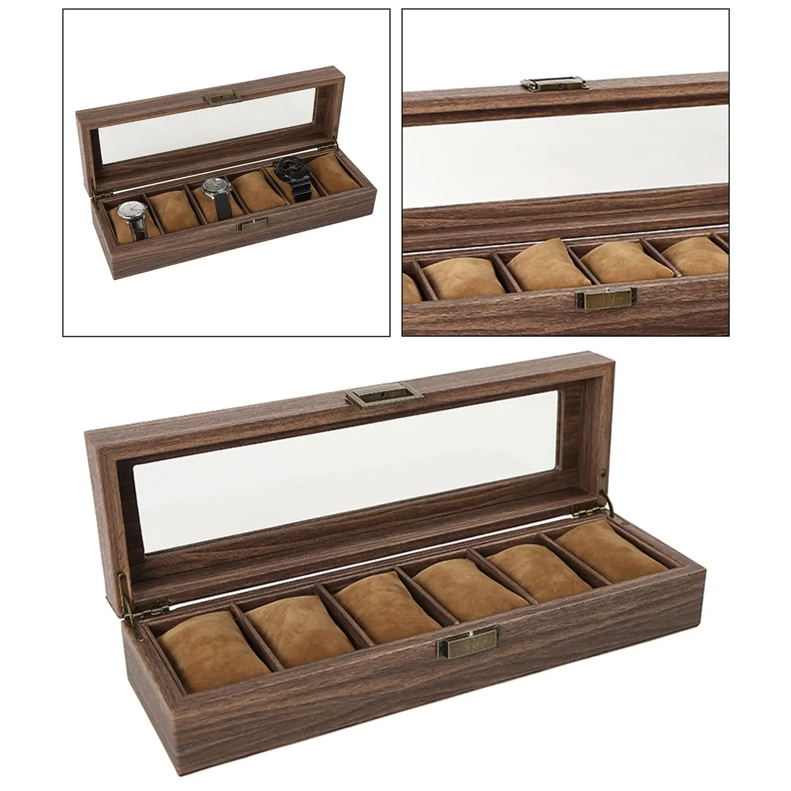 Portable Luxury Wood Watch Box Jewelry Necklace Storage Organizer Glass Top