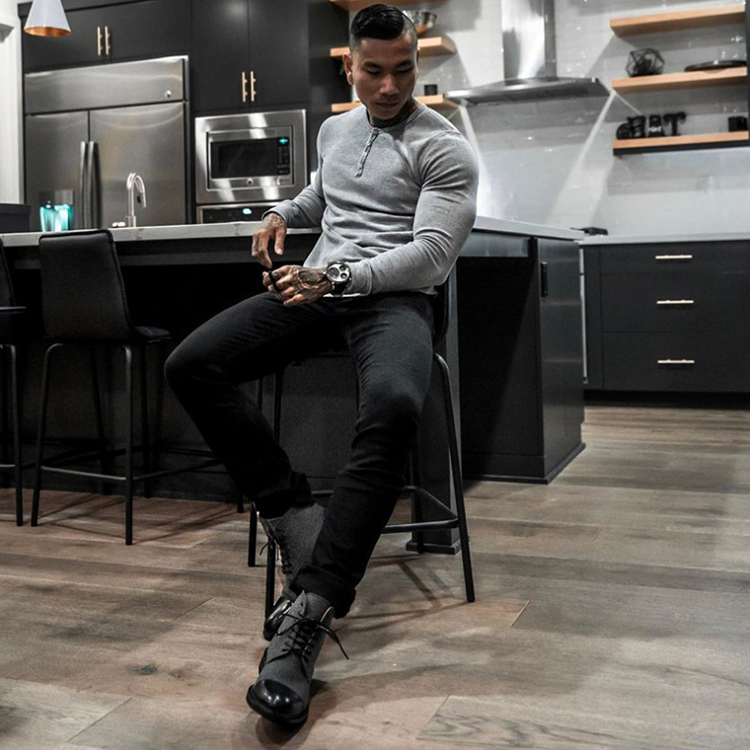 Männer Langarm Shirts Pullover Hemd Henry Kragen Runde Saum Einfarbig Herbst Fitness Workout Lässige Männer Kleidung – Detail 3