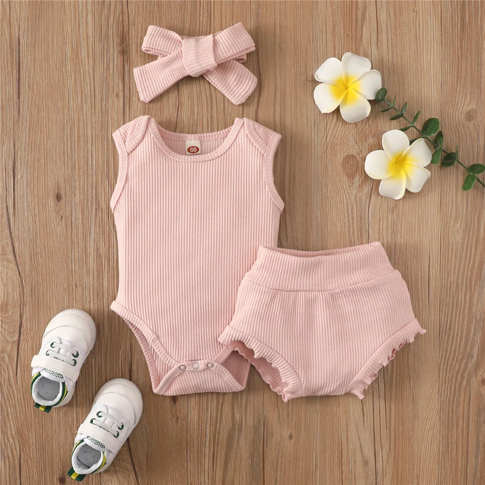 0-24 Months Newborn Baby Girls 2 Piece Clothes Set Toddler Summer Solid Color Sleeveless Knitted Rib Romper Shorts Hairband baby knitted clothing set