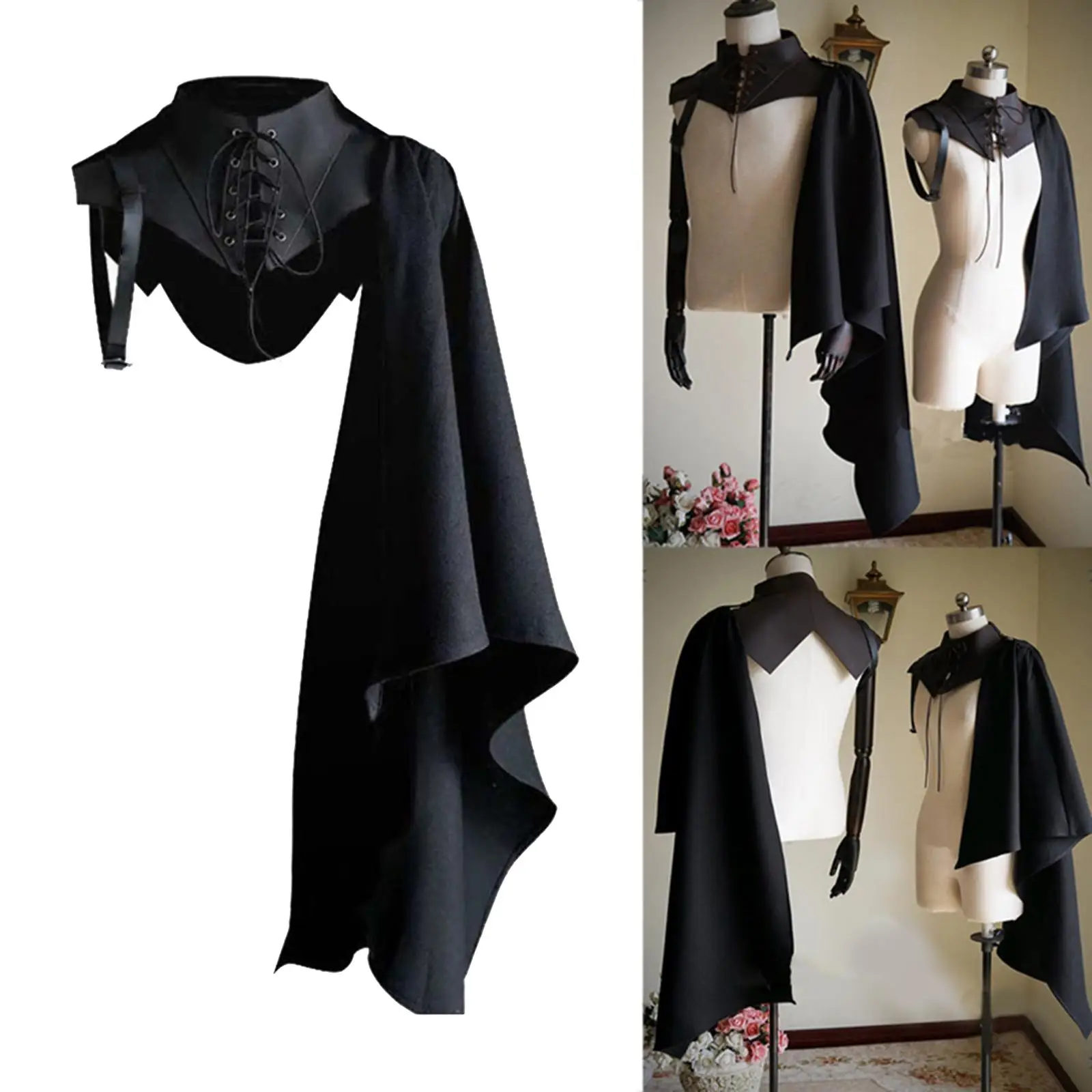 Women Men Accessories Uniform Elastic Neckline Cloak Gothic Clothing Costume Punk Medieval Armor Black Cloak for Party Halloween