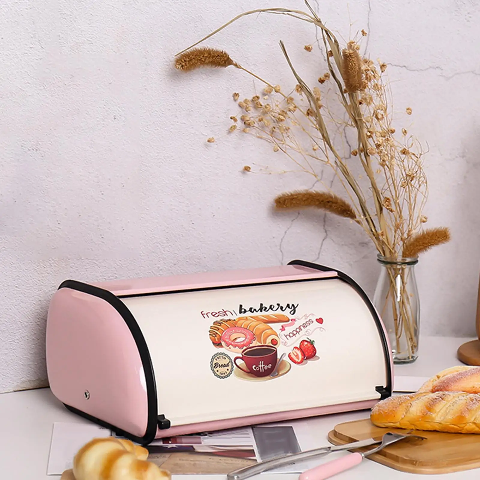 Bread Box Large with Roll Top Lid Farmhouse Style Gifts Vintage Bin Storage for Kitchen Decor Home Countertop Bagels Loaves