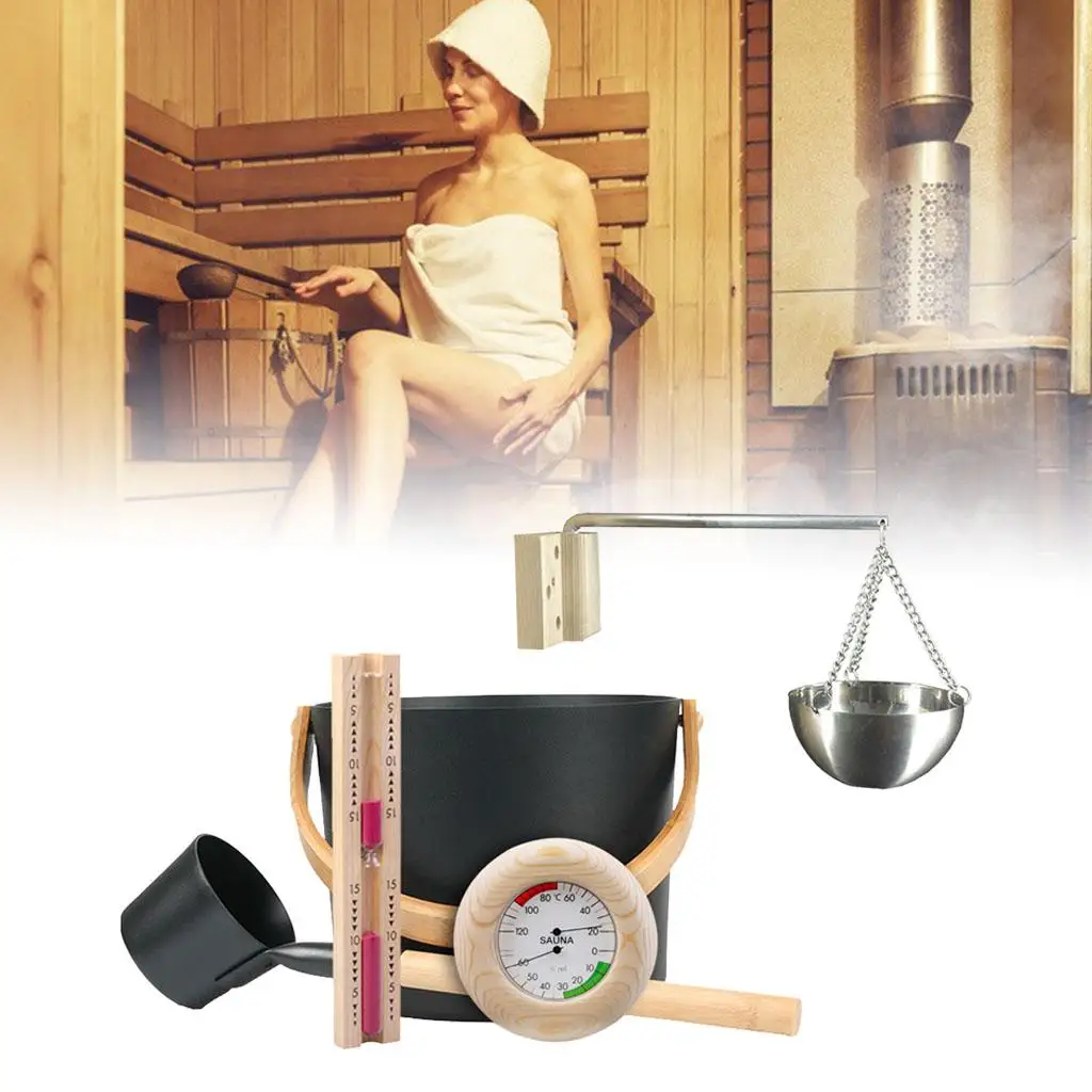 Sauna Bucket Wooden and Metal, Matching Set Hanging Oil Cup
