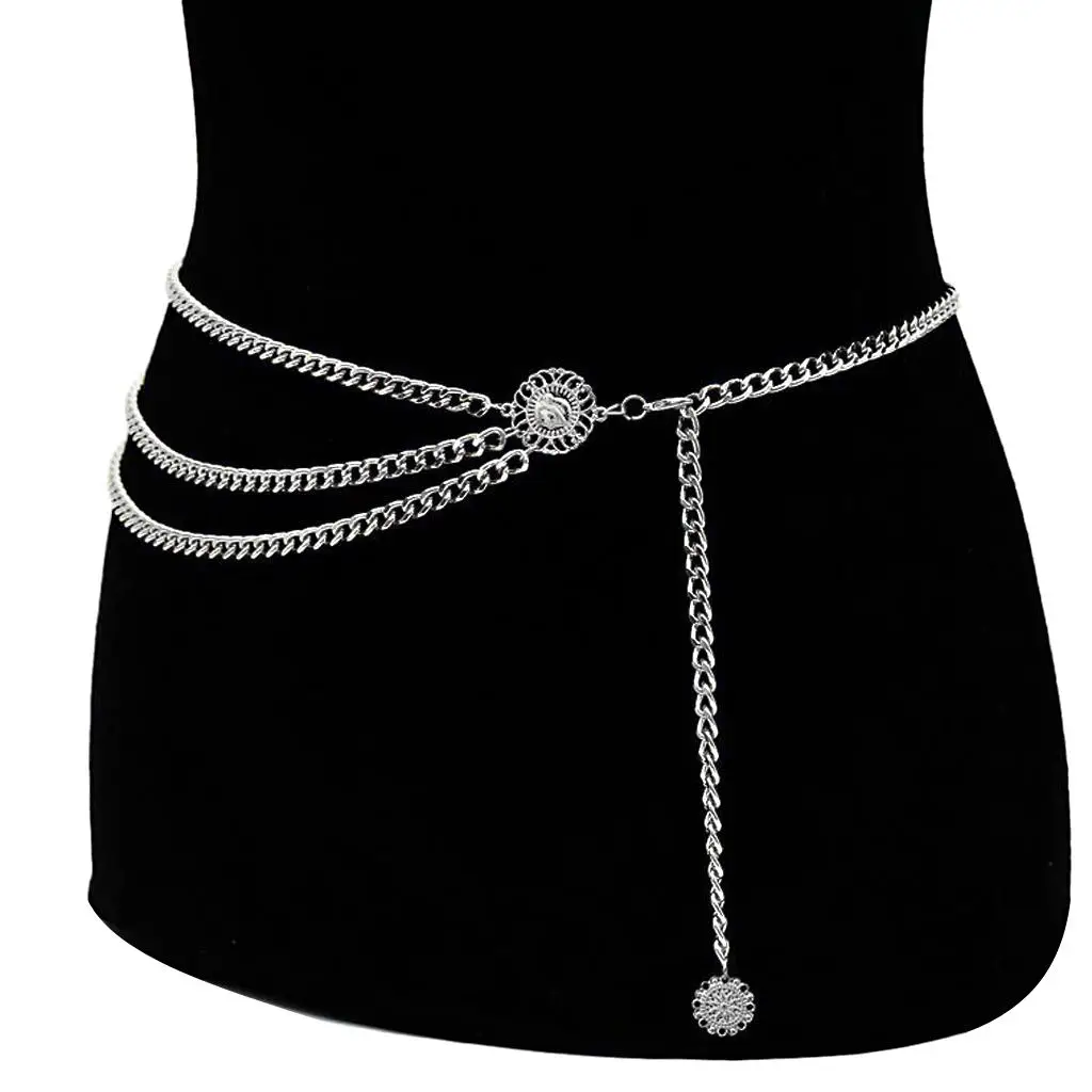 Women Retro Metal 3 Layer Body Chain Tassel Bikini Waist Chain Decor Jewelry