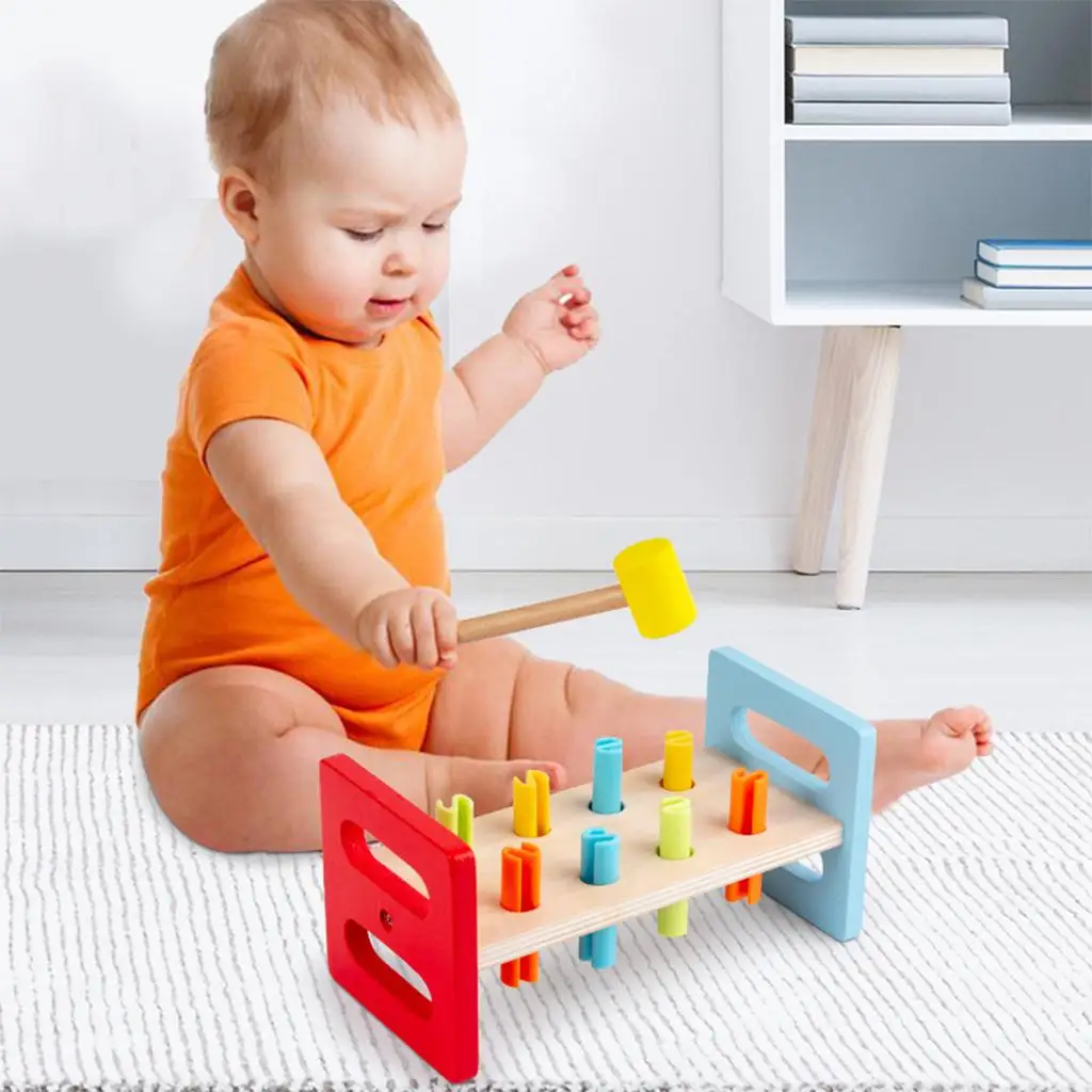Wooden Hammer Bench Activity Toys Colourful Wooden Pile Driving Platform