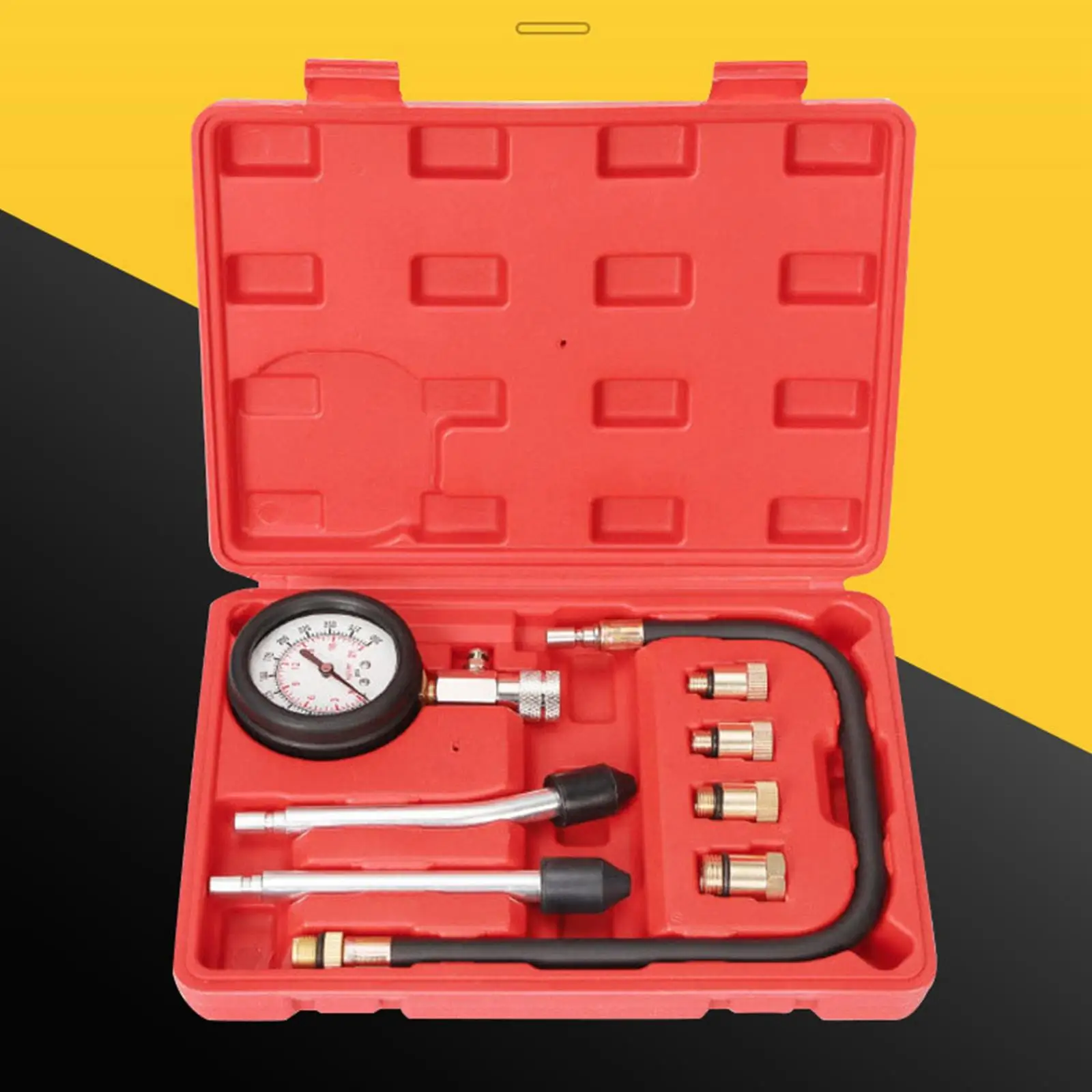 8Pcs Car Gas Engine Cylinder Compression Tester Gauge Kit 0-300 PSI with Case 4 Brass Adapter in Different Size Leakage Test