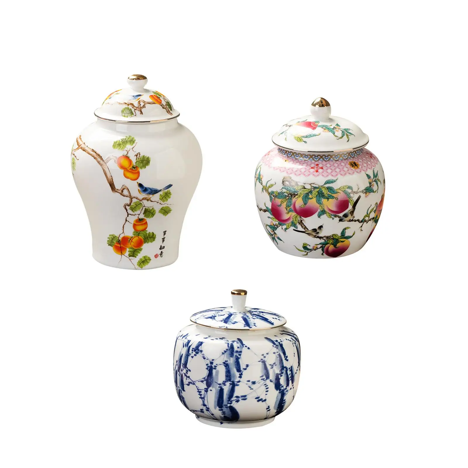 Porcelain Temple Jar Delicate Traditional Ceramic Ginger Jar with Lid Decorative Vase for Desktop Living Room Home Decor
