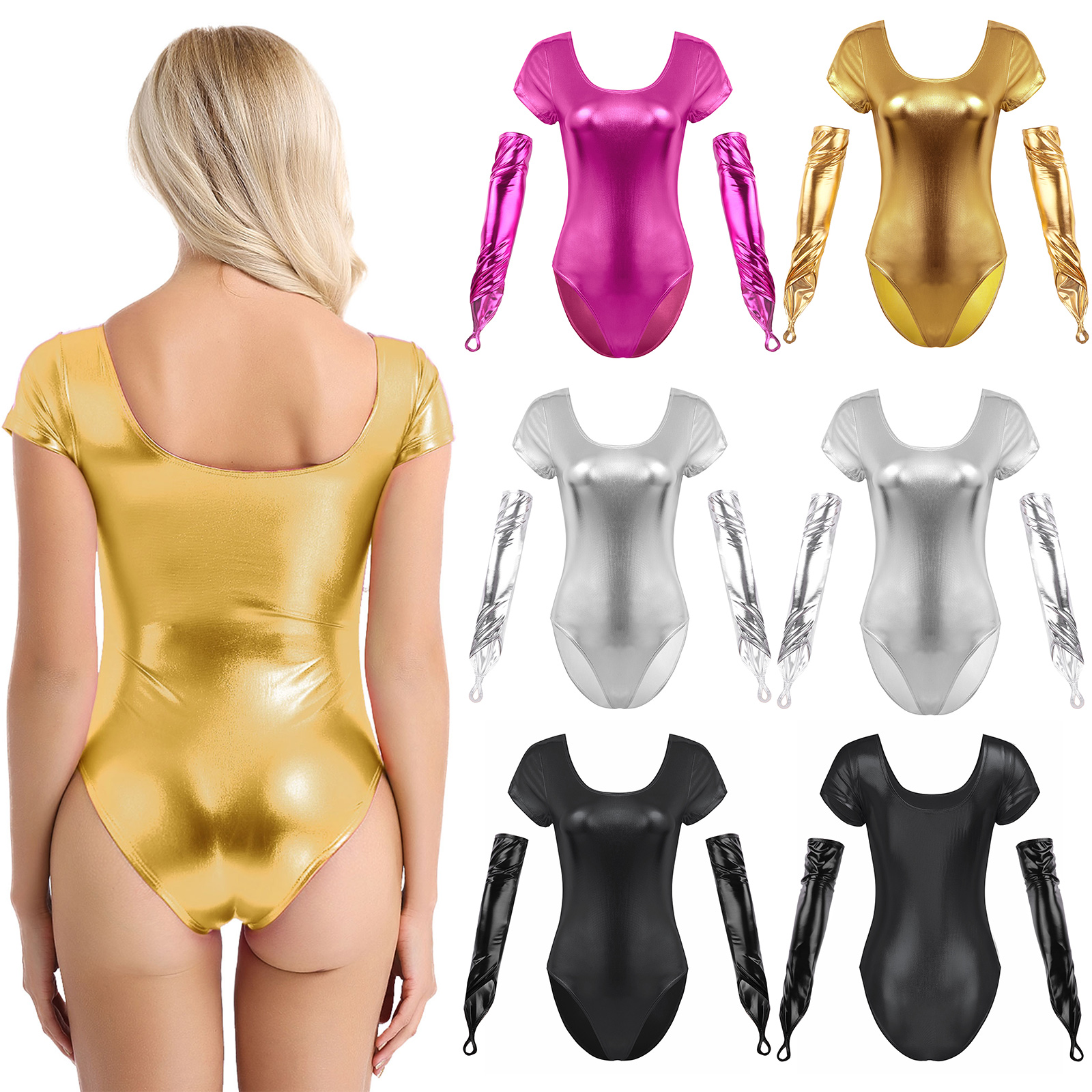 Damen glänzendes Lack leder Ballett Tanz kostüm Kurzarm einteiliger Trikot Body mit bogenlangen finger losen Handschuhen – Detail 2